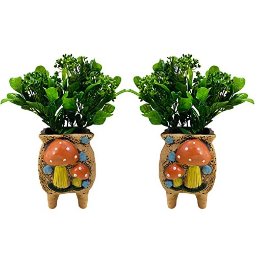 Imported Beautiful Artificial Green Ferns Plant with Luxury Brazilian Ceramic Pot with Mushroom Design for Wedding Home, Office & Dinning Room Decor | Fire Retardant & UV Pack of 2