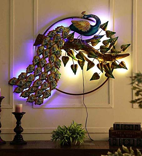 Malik Designs Metal Peacock in Multicolor with LED Wall Art| Home Décor and Gift Item | Idols and Interior Design