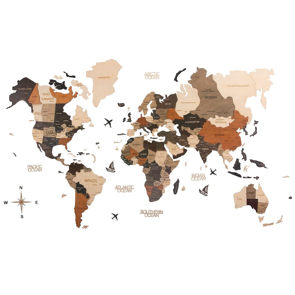 Wooden Art Studio 3D Wooden World Map Multicolor | Wall Decor Art for Office | Wooden Wall Hanging | Aesthetic Wooden Map – Prime – Size (XL-200 X 120 cm)