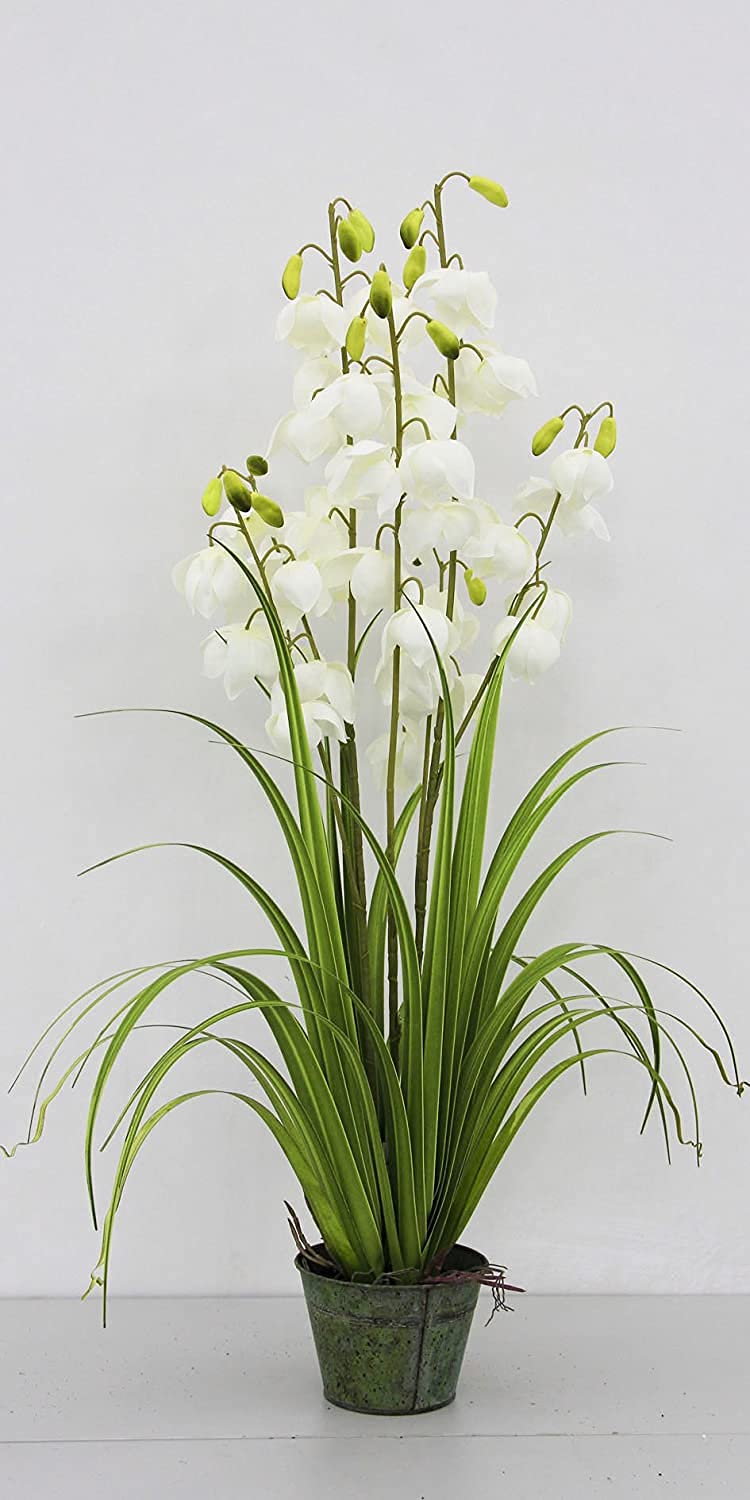 Garden Art Modern Design Natural Looking Artificial Iantern Flower Grass Plant with White Flowers and Metal Trendy Pot for Home,Office,Party, Wedding and Table Top Decor