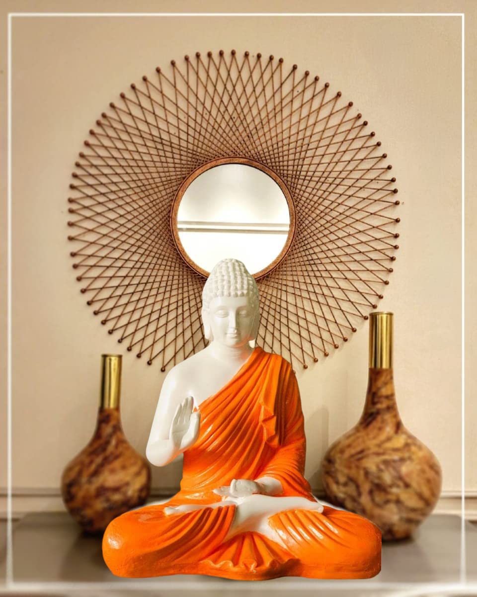 Beautiful Sitting Buddha Idol Statue for Home & Garden – Big Size 2 Feet (Orange & White)| Beautiful Home Decor Items for Living Room