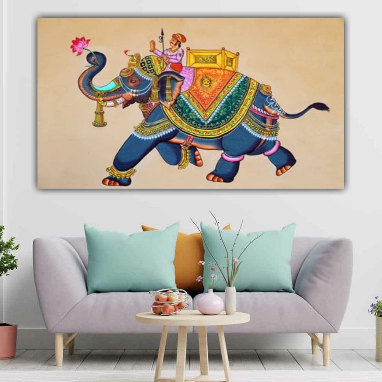 Innovision Beautiful Madhubani paintings canvas Rajasthani modern art home wall decor big large size paintings for living room (with frame) (48 by 24 Inches | 120 by 60 CM)