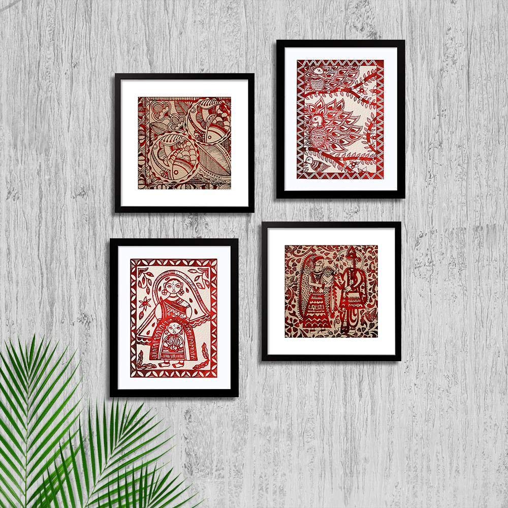 WallMantra Madhubani Art with Frame – Set of 4 – Black Color Frame / Break Resistant Clear Acrylic Glass