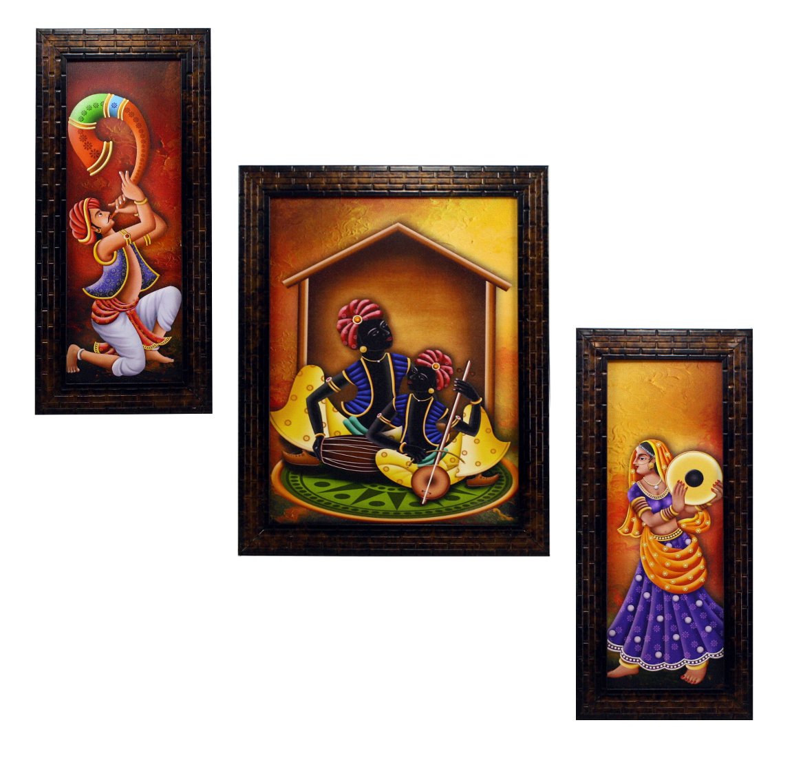 INDIANARA 3 PC Set of Rajasthani Folk Music & Dance Paintings (1084) Without Glass 5.2 X 12.5, 9.5 X 12.5, 5.2 X 12.5 INCH