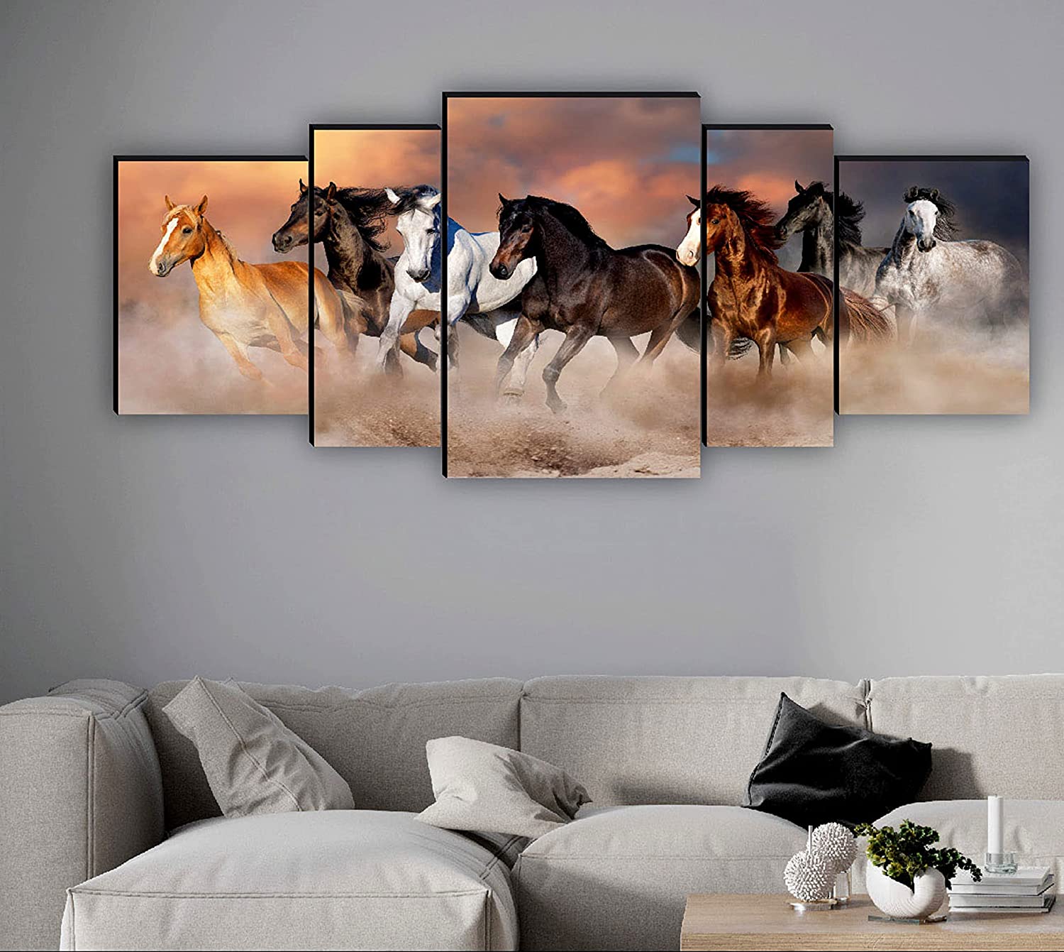 SAF Set of 5 Seven Running Horses vastu UV Textured Home Decorative Gift Item MDF Panel Painting 18 Inch X 42 Inch