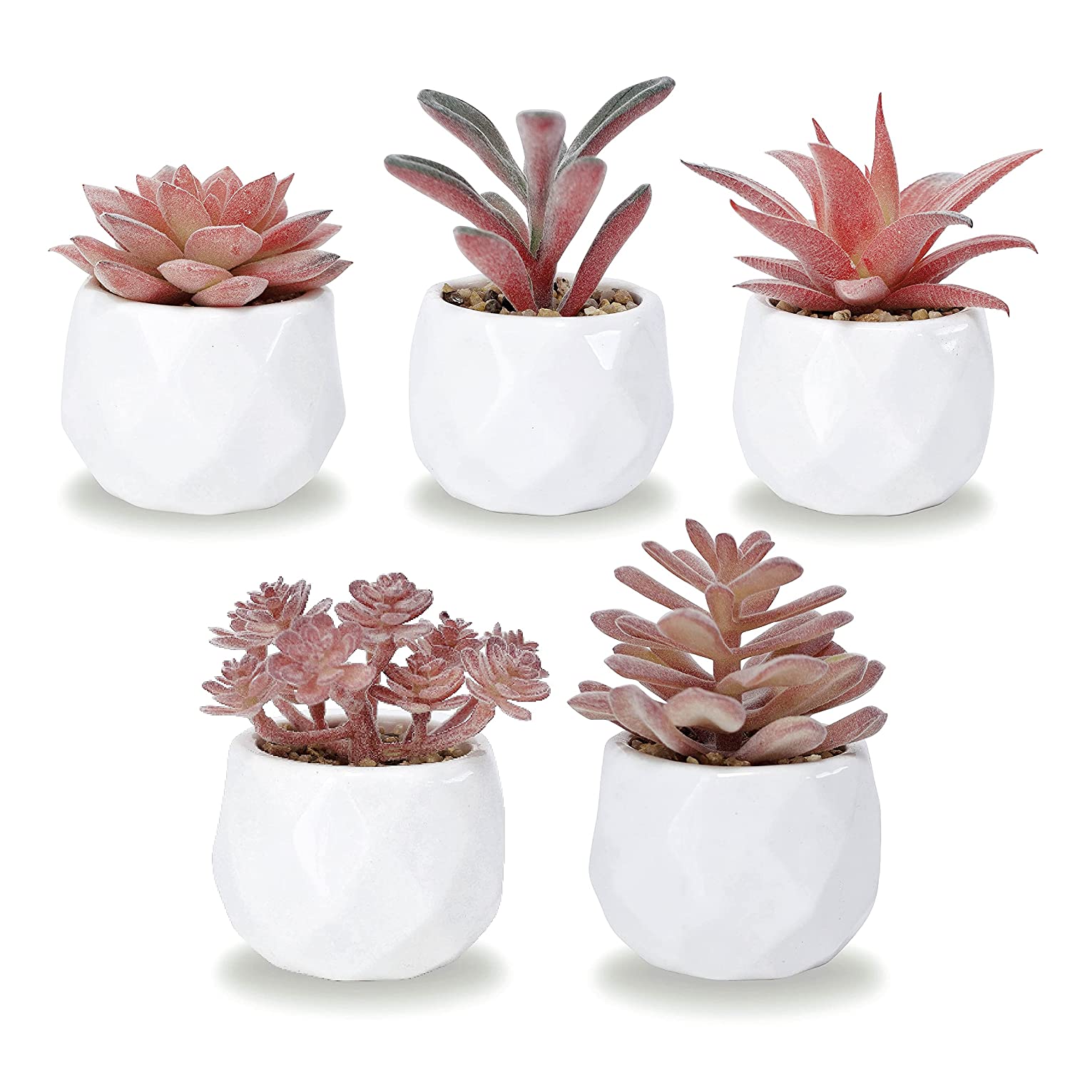 KORVEA Set of 5 Artificial Succulent Plants – Pink Mini Assorted Fake Succulents – Small Artificial Plants in Pots for Home Decor Indoor – Fake Plants for Window Sills, Bathroom Decor, Office Spaces