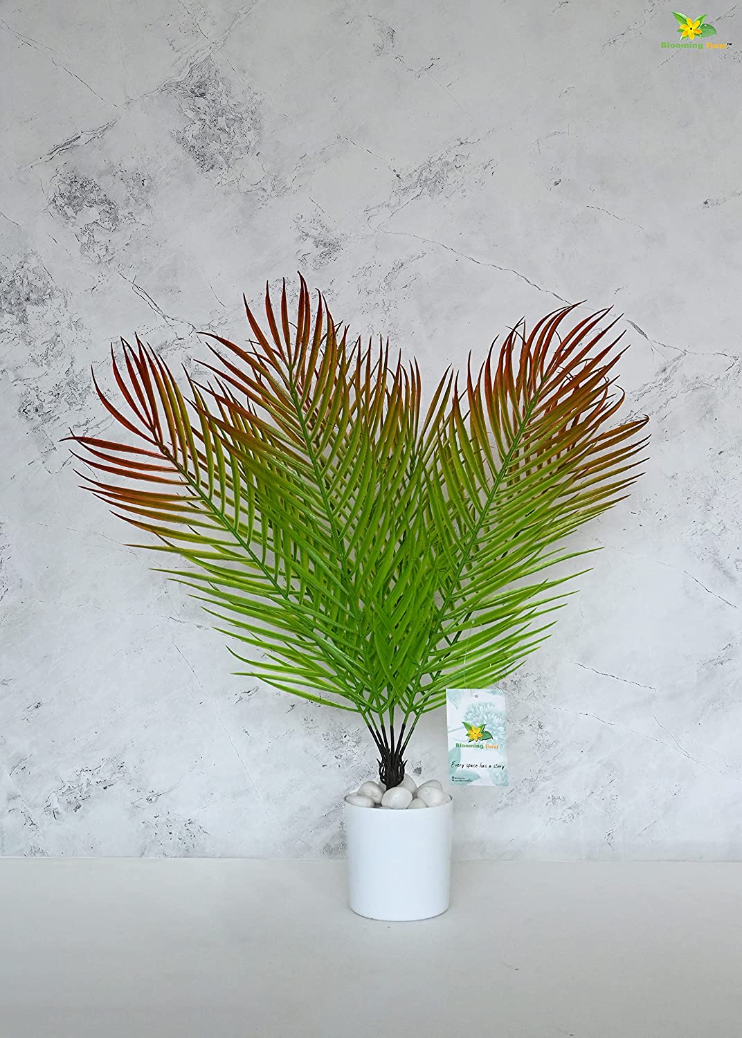 Blooming Floret Artificial Areca Palm Plant with White Pot for Home, Office Decor | 12 Stems Plant with Pot | Green and Brown Mix Color Leaves | Place on Any Table Top or at Corner Space