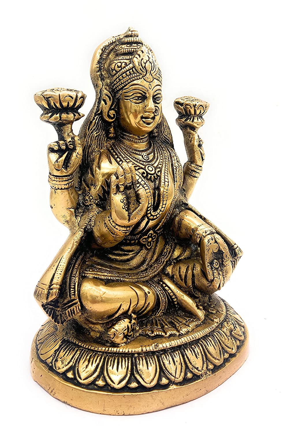 South Indian Arts Brass Lakshmi Idol Laxmi Statue Murti Figurine Home Office Temple Décor,Gold, 20Cm, 1 Piece