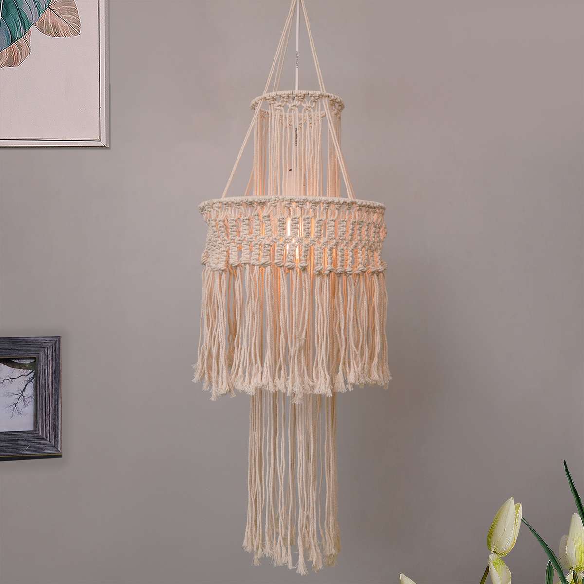 Beige Cotton Pendant Hanging Wall Lamp – 100x30cm